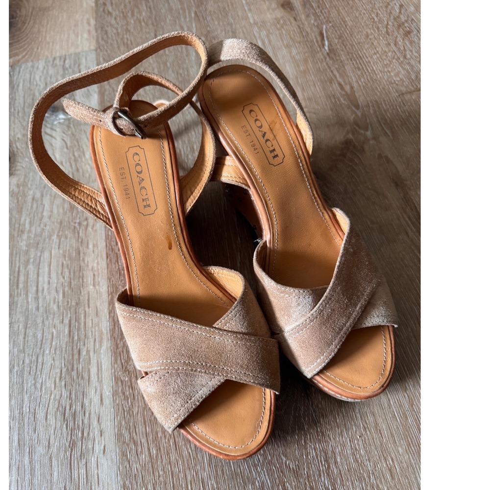 Rare Coach Eli Tan Suede Studded Wedge Sandals Y2K Rhinestone Platform 6.5M - Picture 6 of 7